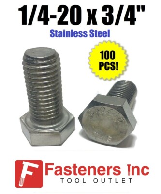 (Qty 100) 1/4-20 x 3/4'' Stainless Steel Hex Cap Screw Full Thread Bolt 18-8