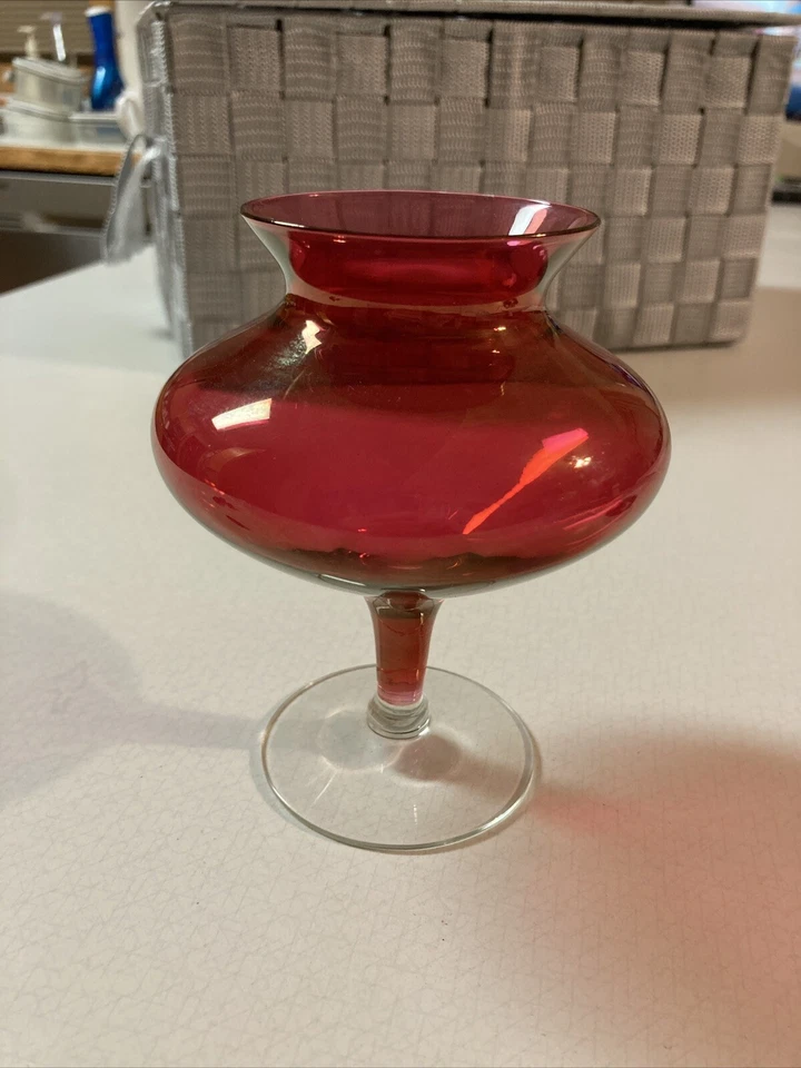 Vtg Ruby Red Cranberry Stained Flash Glass 5” Footed Vase MCM - Image 2 of 4