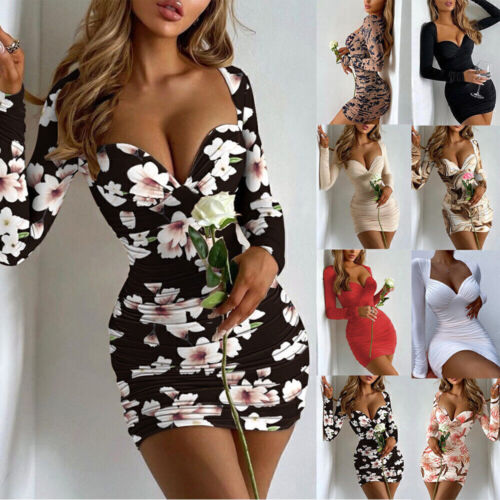 ️Sexy Women V Neck Bodycon Club Mini Dress Ladies Long Sleeve Daily Dresses //US - Picture 1 of 16