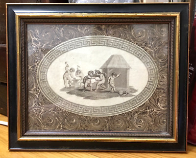 Amoride gerahmter Gravur orig.18. Jh. von Cheruben, die ihren täglichen Aufgaben nachgehen
