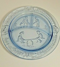 Indiana Glass Child's Divided Plate Blue Vintage Tiara Glass 8.5 " Mother Goose