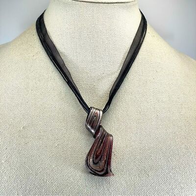 Cute Lamp work Purple Gold Twist Glass Pendant Ribbon Corded Necklace