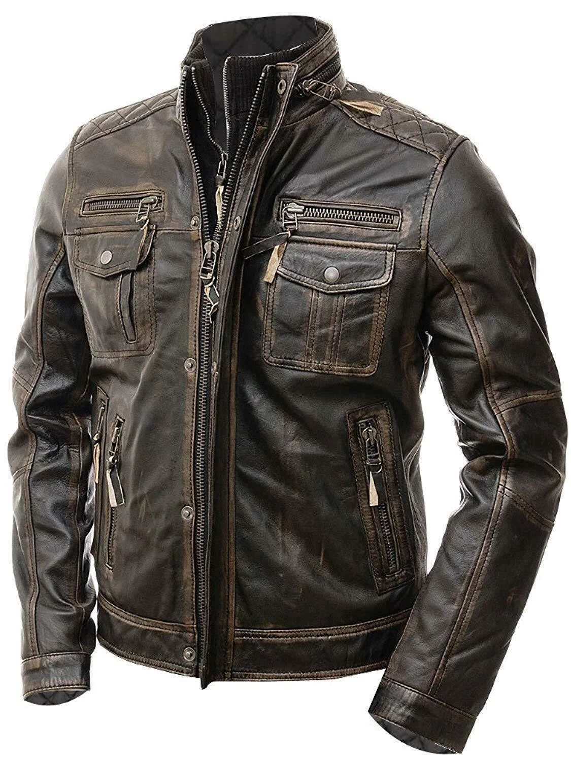 Mens Cafe Racer Vintage Motorcycle Biker Distressed Brown Real Leather Jacket.