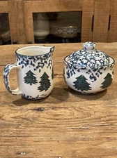 VTG Tienshan Stoneware Cabin In The Snow Folk Craft Covered Sugar Creamer Set