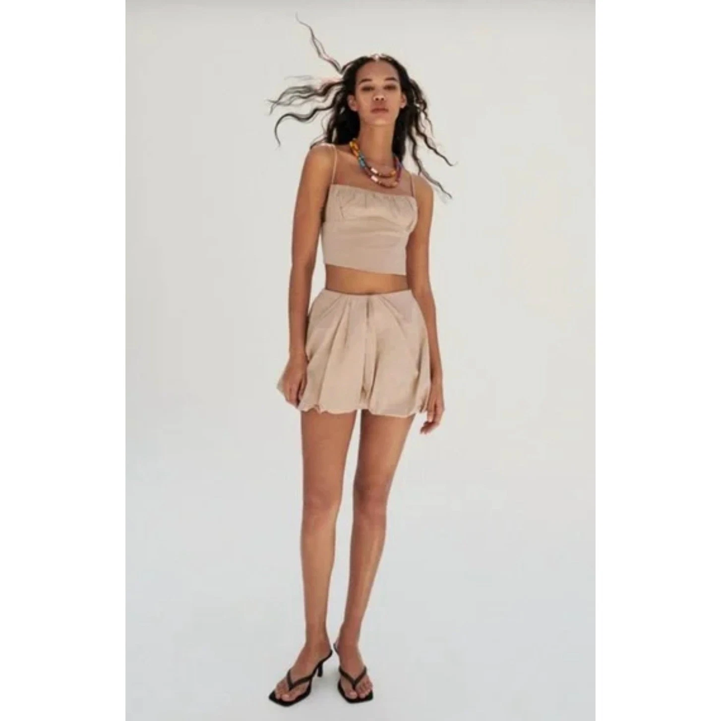 Zara Tan Bubble Mini Skirt Beige Pleated Puff Voluminous Size M 28 Waist