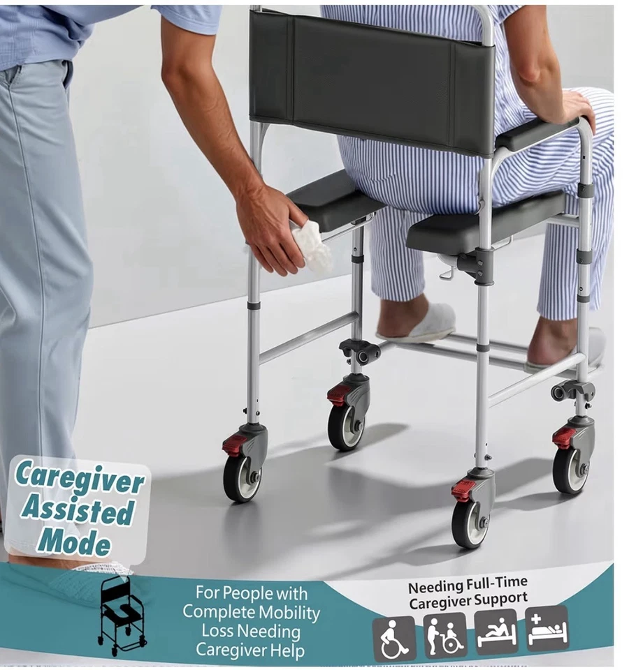 Bedside Commode with Wheels, Shower Wheelchair with 300 LBS Weight Capacity - Image 3 of 4