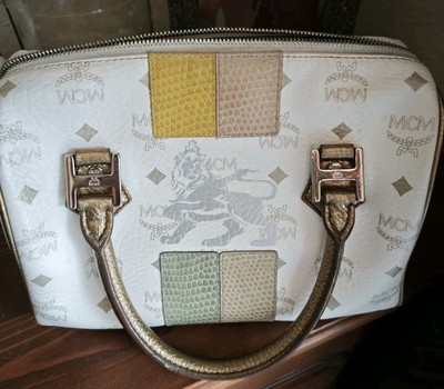 MCM Boston Bag, Lion Print, Weiß