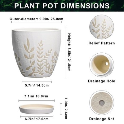 10 Inch Indoor Planter with Saucer - Boho Ceramic Plant Pot with Drainage  for... | eBay