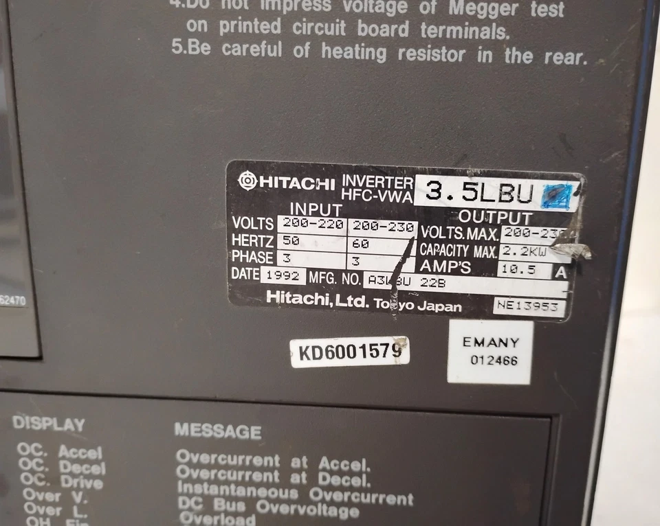 Hitachi HFC-VWA3.5LBU 200-230 V AC Transistor Inverter Drive - Image 2 of 4