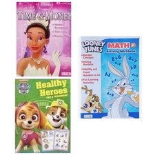 New 3pc Disney Children  s Educational Workbook Set. Time, Money, Math, Health