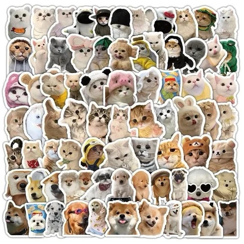 50Pcs Random Funny Cat Meme and Dog Stickers Cute Decals for Laptop Journal