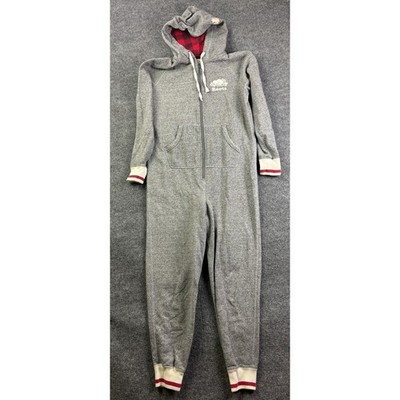 Roots Cabin Jumpsuit Adult Small Gray Salt & Pepper Fleece Hooded Pajamas