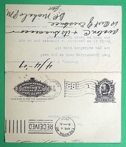 DR WHO 1907 DOUBLE POSTAL CARD BIG RAPIDS MICHIGAN MI TO TRENTON MO w36567