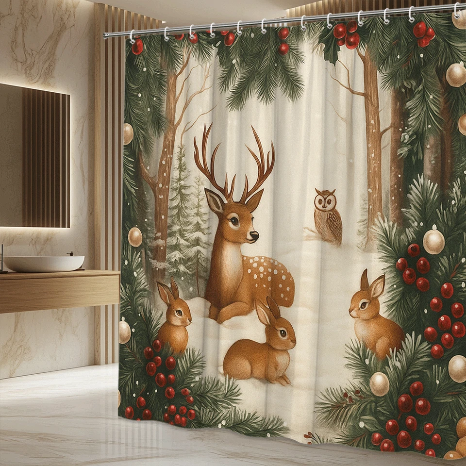 Занавеска для душа зимний праздник лес ягоды рождественский лес олень кролики сова - Изображение 4 из 4