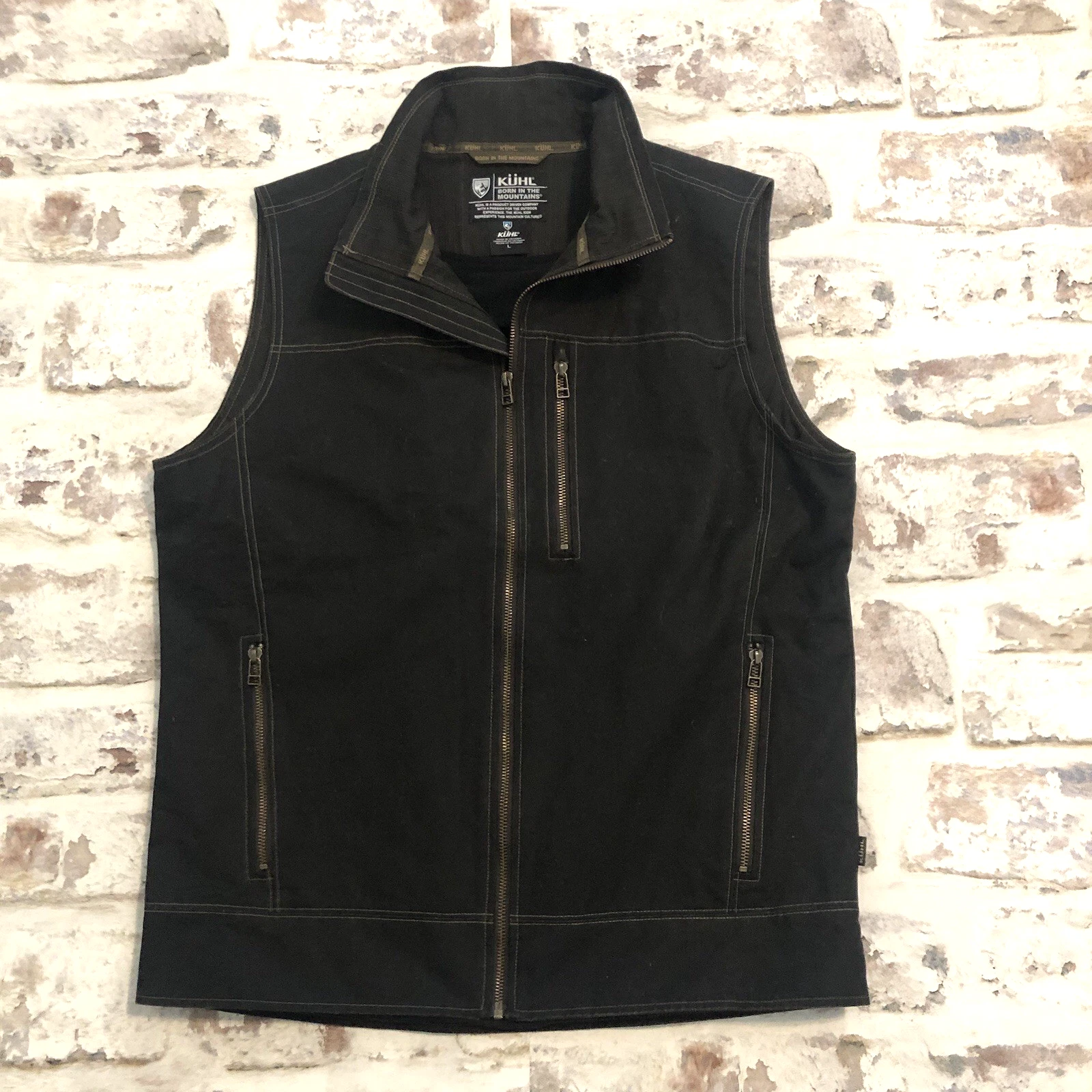 Kuhl Mens Burr Vest Black Vintage Patina Full Zip Pockets Lined Thermal LARGE