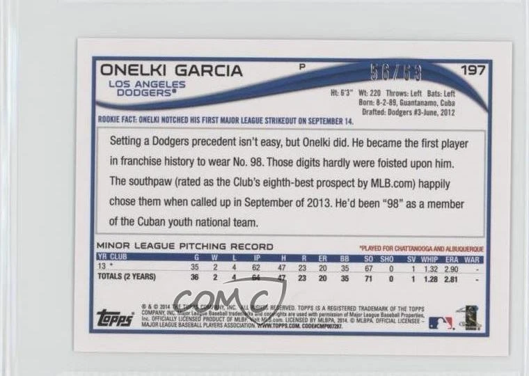2014 Topps Mini Gold /63 Onelki Garcia #197 Rookie RC - Image 2 of 2