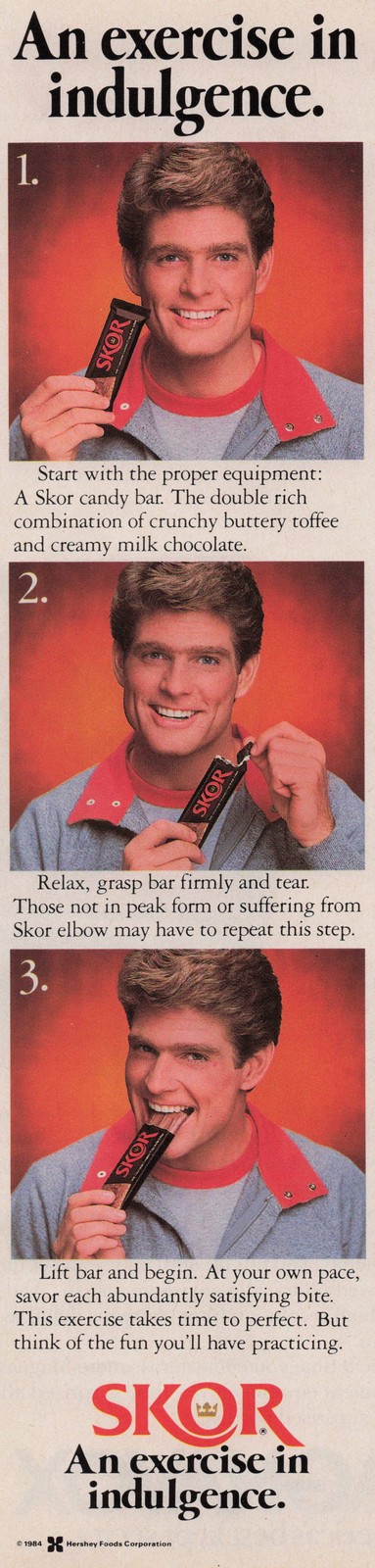 1984 Vintage Print Ad Skor Candy Bar An Exercise In Indulgence Three Steps Man