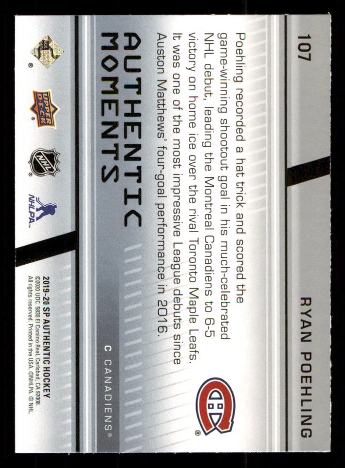 2019-20 SP Authentic #107 Ryan Poehling AM - Image 2 of 2