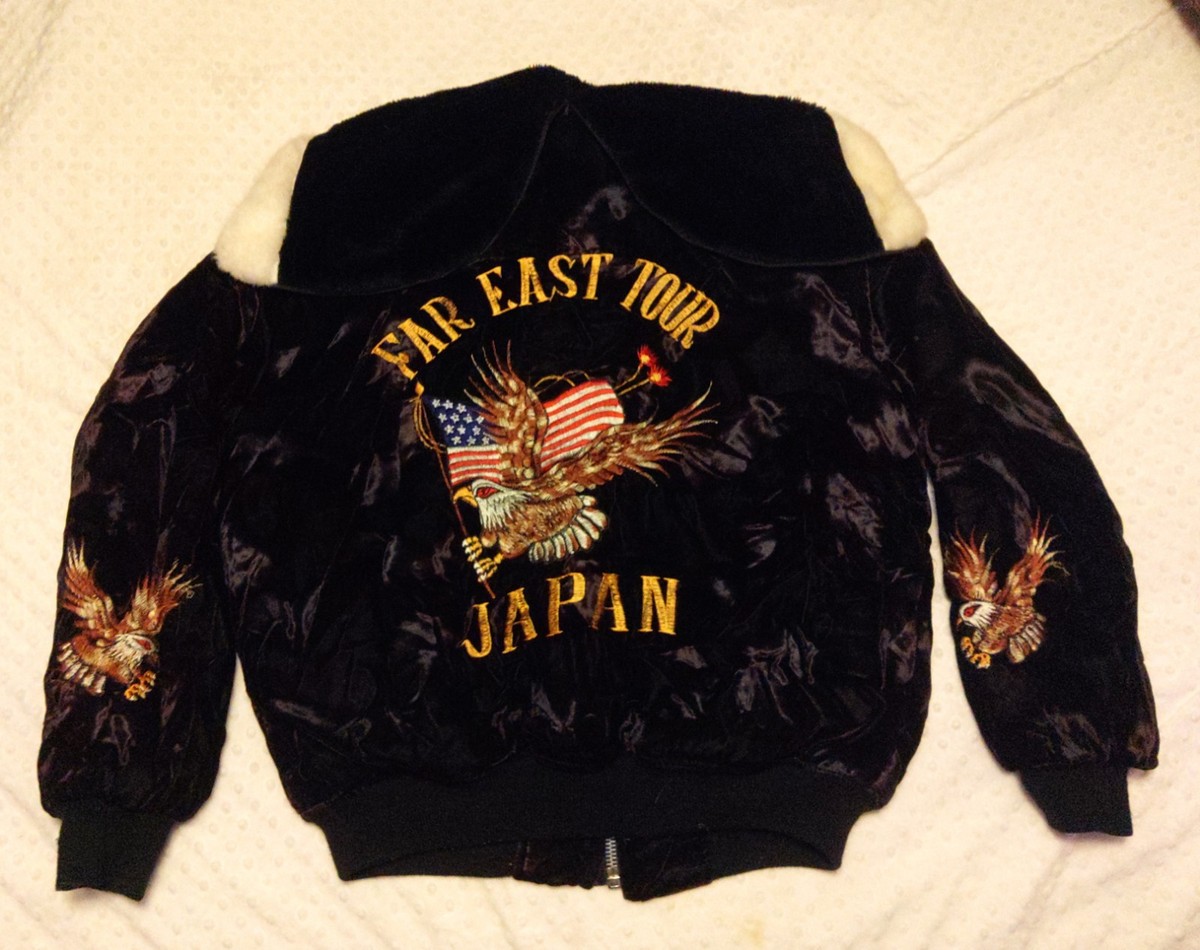 VTG Sukajan Hooded Jacket USA Flag Dark Purple Black Velvet