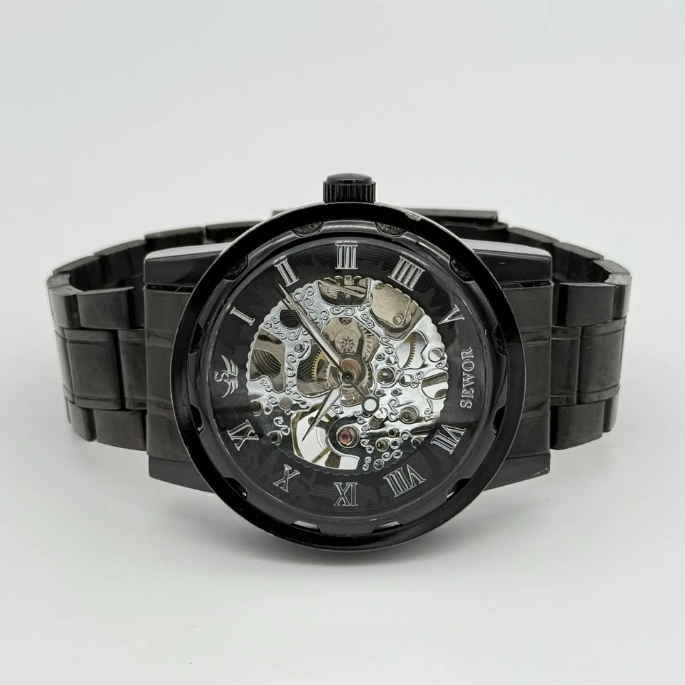 Men's SEWOR Mechanical Silver Skeleton Dial Watch, Black Bracelet, 41mm, Runs - Image 3 of 4