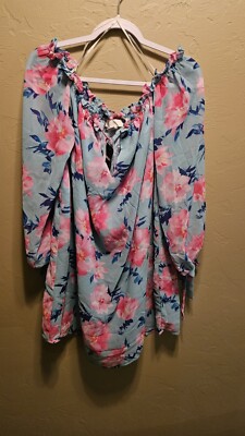 Forever 21 Plus Size 3X Womens Blouse Blue Floral Long Sleeve Tropical Scoop Nec
