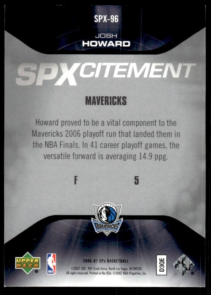 2006-07 SPx SPXcitement Josh Howard /2999 Dallas Mavericks #SPX-96 - Image 2 of 2