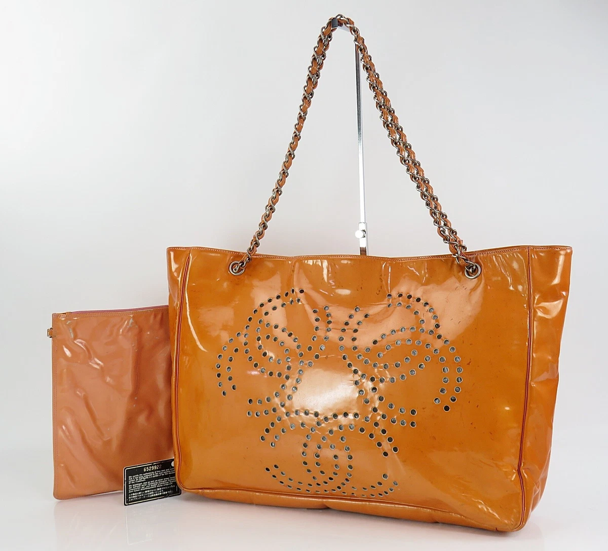 Auth CHANEL Triple Coco Orange Patent Leather Chain Tote Bag Purse 55410