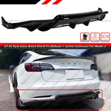 FOR 2017-2023 TESLA MODEL 3 GT V2 STYLE BLACK REAR BUMPER DIFFUSER W/ EXTENSIONS