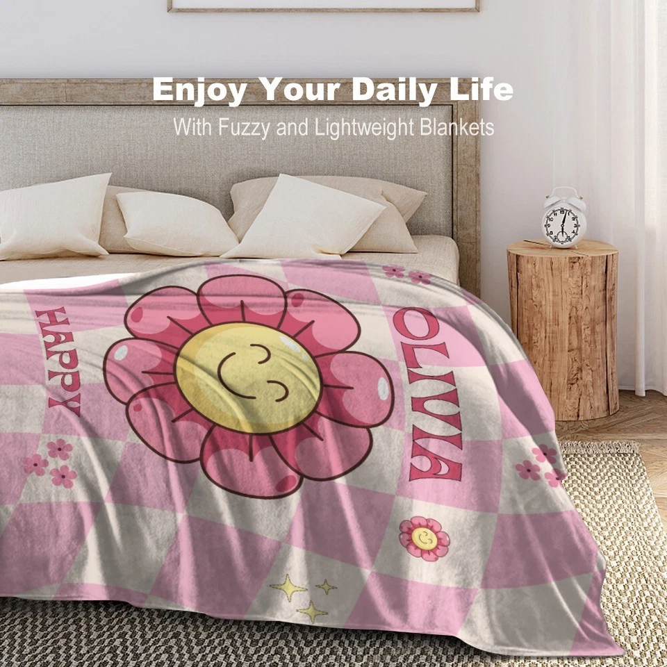 Personalized Groovy Pink and White Plaid Happy Flower Throw Blanket - Image 2 of 4