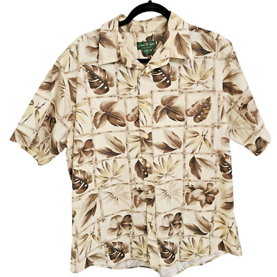 David Taylor collection tan & brown floral palm print tropical button up L