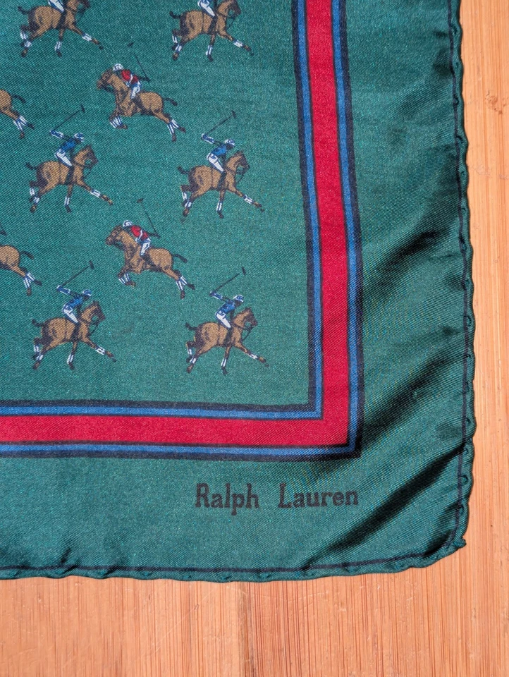Pañuelo Polo Caballo Vintage Años 2000 Ralph Lauren Seda 19x19 Verde Rojo Borde Foto 3 de 4