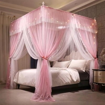 4 Corners Post Ruffle Princess Bed Canopy Curtain-Double Layer Cozy Drape