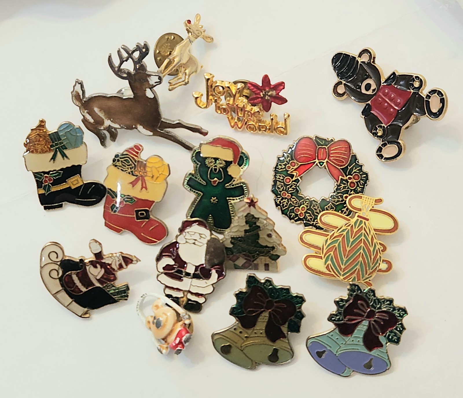 Vintage Christmas Enamel Brooch Pin Lot Santa Reindeer Holiday Tree Wreath Bells