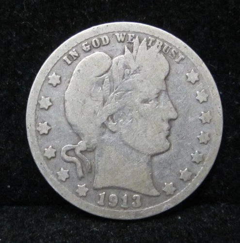 1913-P BARBER QUARTER DOLLAR - 90% SILVER -  BETTER DATE - FREE SHIPPING