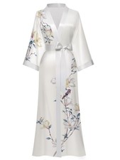 White Satin Robes for Women Silk Bath Robe Japanese Kimono Floral Bridesmaid ...