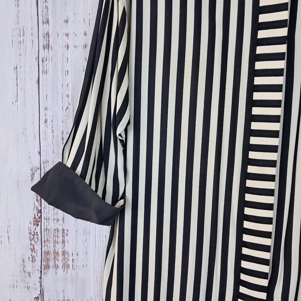 Vestido Camisa Vintage Años 80 JOHN ROBERTS 11/12 Negro Marfil Rayas Midi Manga Larga Foto 3 de 4