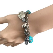 Turquoise Stretch Charm Bracelet Elephant Hearts Metal