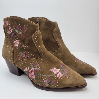 Gianni Bini Boots Women 10 Ankle Zip Floral Embroidery Tan Suede Western Casual 