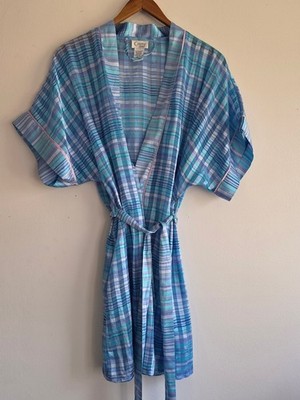Cinema Etoile Vintage S Blue Plaid Short Kimono Robe - Lightweight Lounge Wrap