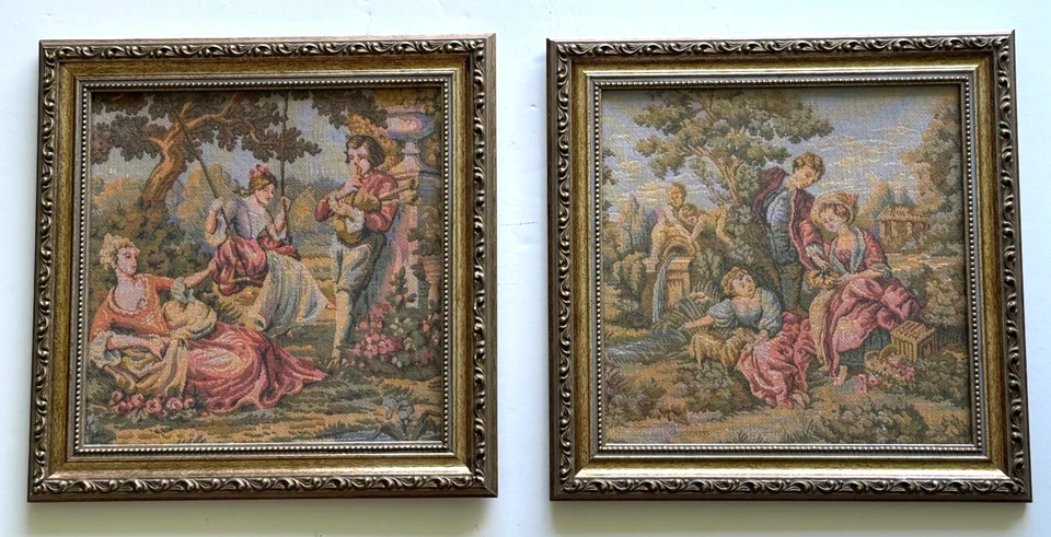 Vintage Belgium Tapestry Set Gold Gilt Frame Rococo Romantic Scene 11" Wall Art - Image 2 of 4
