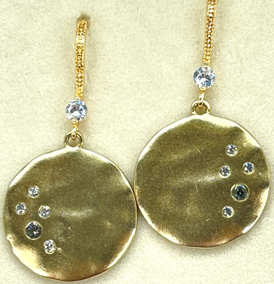 Earrings Designer Hammered Gold Filled 3/4" Discs w/5 Clear Gemstones - Image 3 of 4