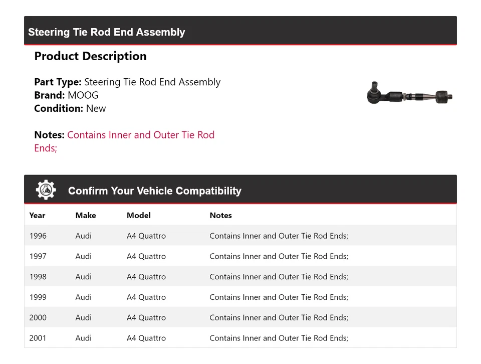 Conjunto de extremo de barra de dirección MOOG 1996 1997 1998 para Audi A4 Quattro 1996-2001 Foto 2 de 4