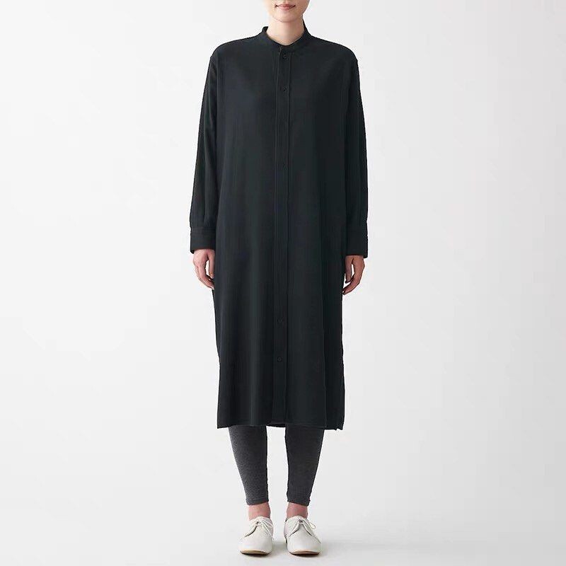 Muji Sz L Black Brushed Cotton Button Front Shirt Dress Pockets Boxy Minimalist