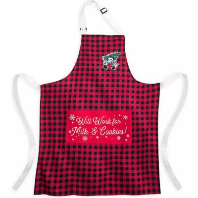 New Disney Mickey Will Work For Milk & Cookies Red Black Plaid Kitchen Apron