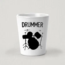 Drummer Shot Glass - 1.5oz White Ceramic Shot Glass - Drum Set Musician Music