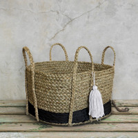Large Black White Tassel Storage Basket Seagrass Planter Toy Laundry Bian Short Large Black White Tassel Storage Basket Seagrass Planter Toy Laundry Bian Short