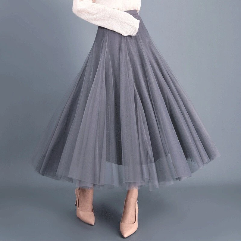 Lady Mesh Skirt Sheer Net Dress A Line Elastic High Waist Long Swing Skirt Grey