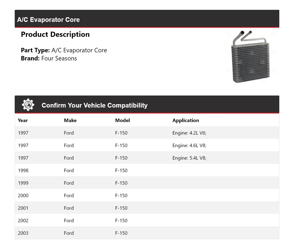 Núcleo evaporador aire acondicionado Ford F-150 1997-2003 4 estaciones 1998 1999 2000 2001 2002 Foto 2 de 4