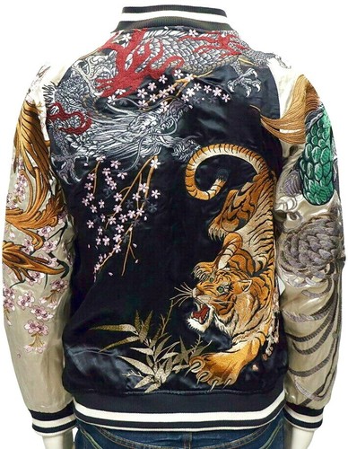 Mens Souvenir Jacket Japanese Pattern Sukajan REVERSIBLE Embroidery Dragon Tiger - Picture 1 of 12