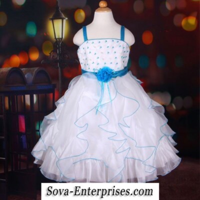 White Blue Sequins Flower Girl Wedding Party Dress, Size 6 - 24609